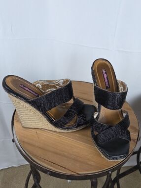 Dollhouse Black Woven Espadrille Platform Wedge Sandals